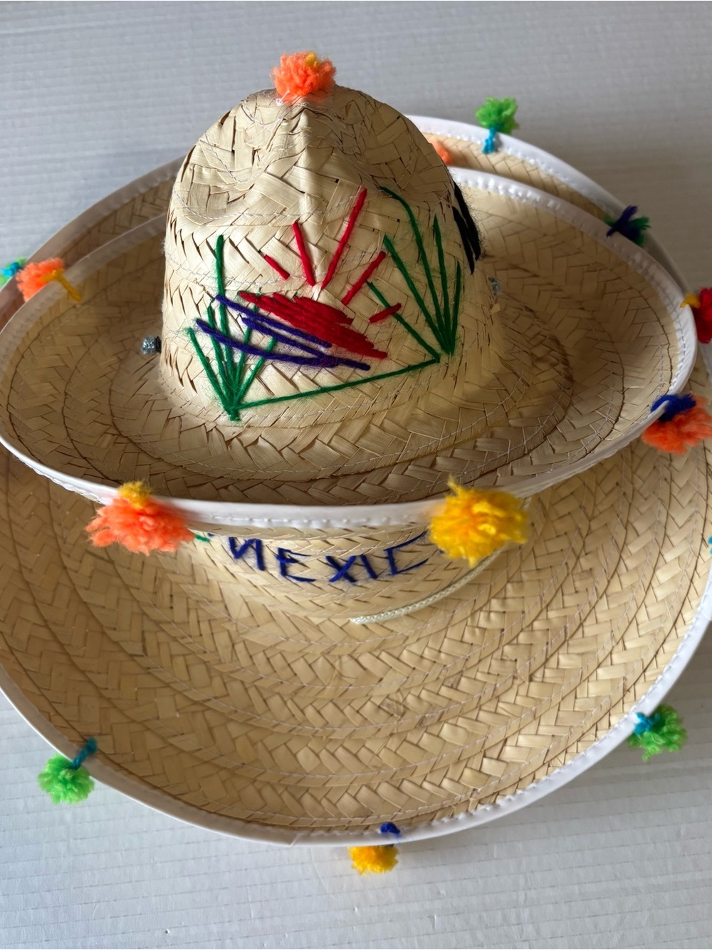 Adult/Kids Straw Sombrero Hats with Colorful Pom-Poms